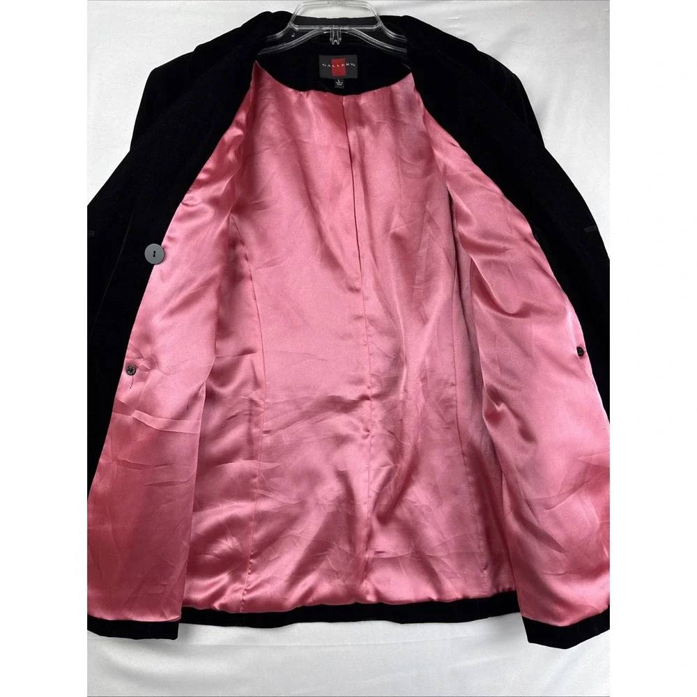 Gallerys Womens Black Velvet Double Breasted Peacoat Jacket Pink Lining Large
